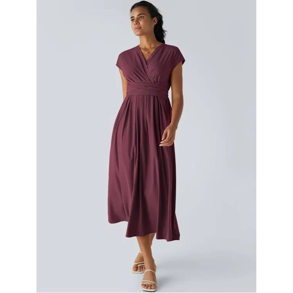 Halara Breezeful Wrap Maxi Dress Burgundy Tie Back Short Sleeve Size L NWT